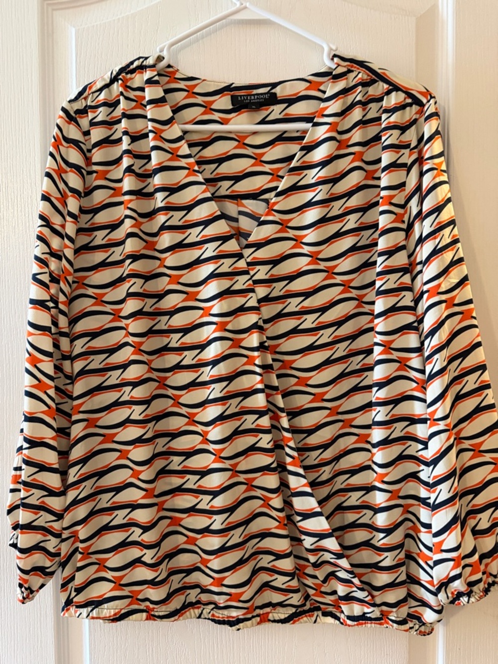 Liverpool Cream Wrap Blouse with Orange & Navy Wave Print